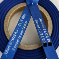 Personalised Funeral Ribbons - 10mm Royal Blue ribbon with Metallic Silver print