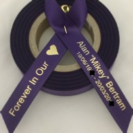 Personalised Funeral Ribbons - 15mm Deep Purple ribbon with Metallic Gold print