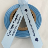 Personalised Funeral Ribbons - 15mm Baby Blue ribbon with Navy print