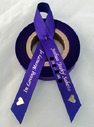 Personalised Memorial Ribbon - 15mm Purple ribbon with Metallic Gold print, Monotype Corsiva font with Solid Heart symbols
